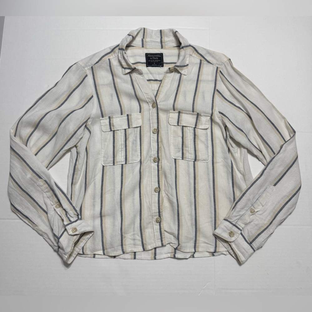 Abercrombie & Fitch Women’s Small Linen Blend Cream and Blue Striped Button Down